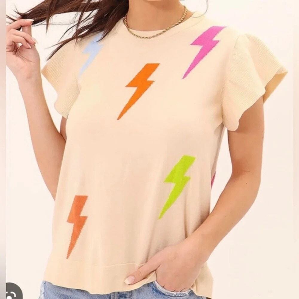THML Lightning Bolt Flutter Sleeve Knit Sweater NWT Size Large Pop Art Retro